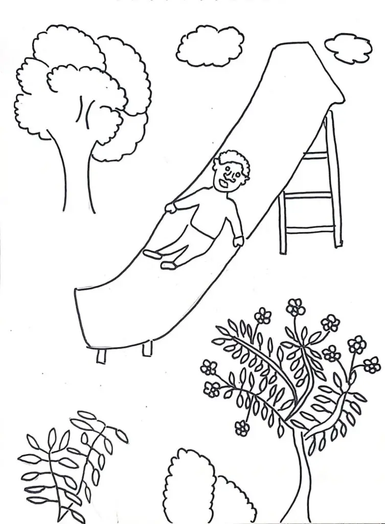 On this page of childrens colouring pages, there is a playground slide.