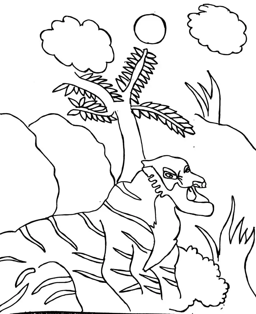 On this page of animal colouring pages, a tiger sits peacefully in the forest.