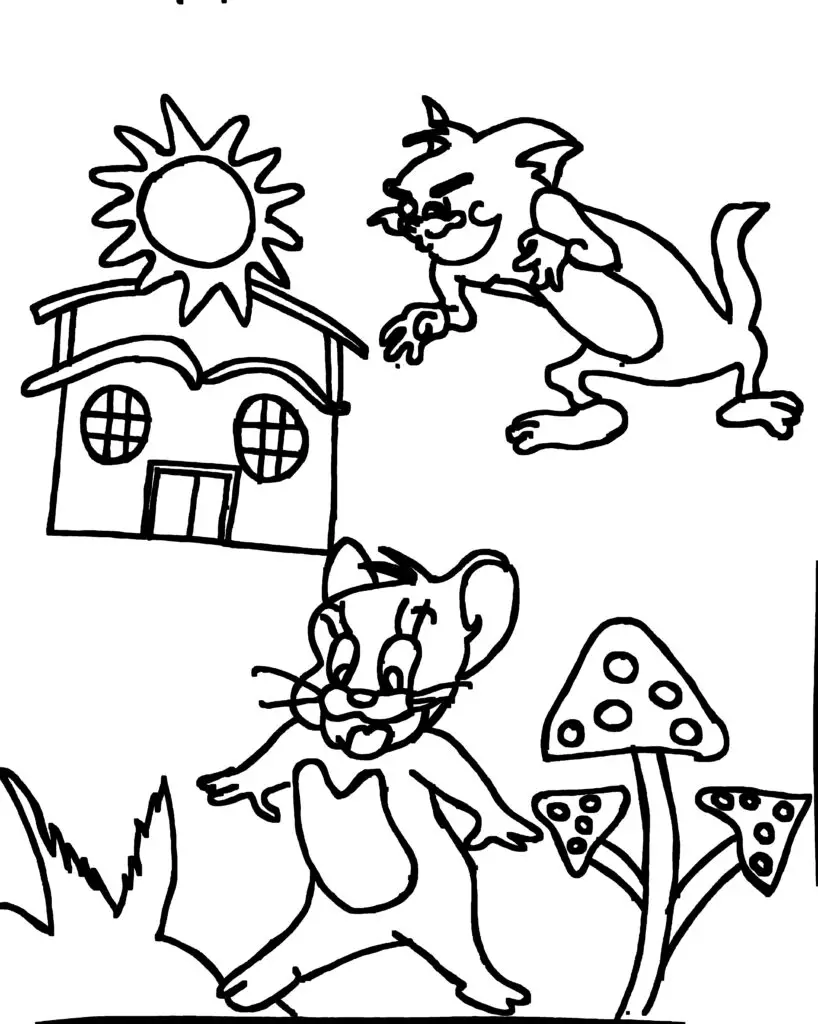 On this page of fun colouring pages, Tom the cat is slowly creeping to catch Jerry. Jerry is outside his house, looking for food. He doesn’t see Tom is coming. Tom moves quietly, step by step.