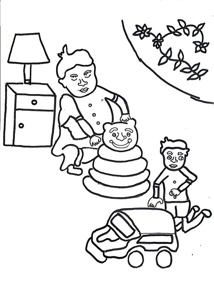 Onthis page of childrens colouring pages, there are two boys playing with toys.