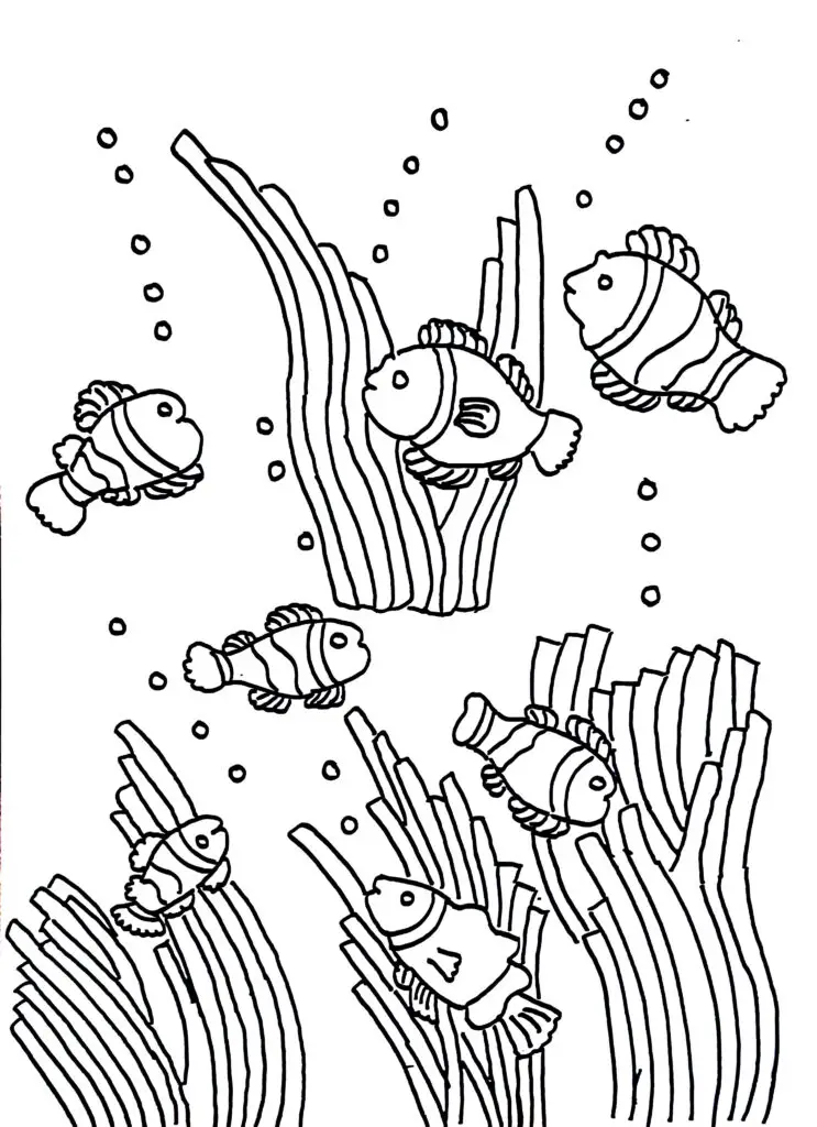 On this page of sea animal coloring pages, there are clownfish.