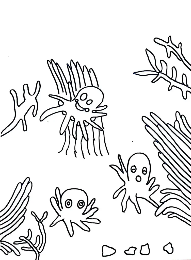 On this page of sea coloring pages, there are octopuses in deep water