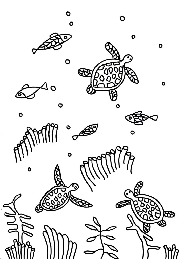 On this page of sea animal coloring pages, there are sea turtles and fish.