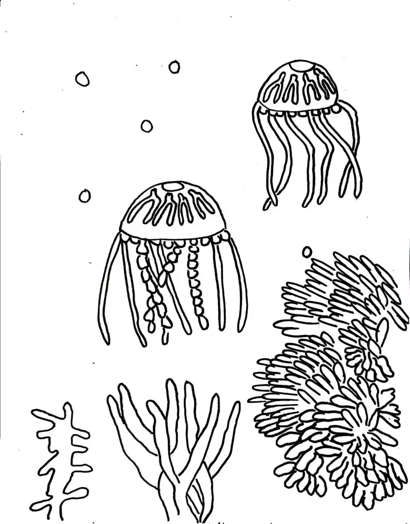 On this page of sea animal coloring pages, there are jellyfish in deep sea water.