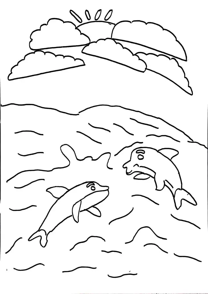 On this page of sea animal coloring pages, there are dolphins in the ocean.