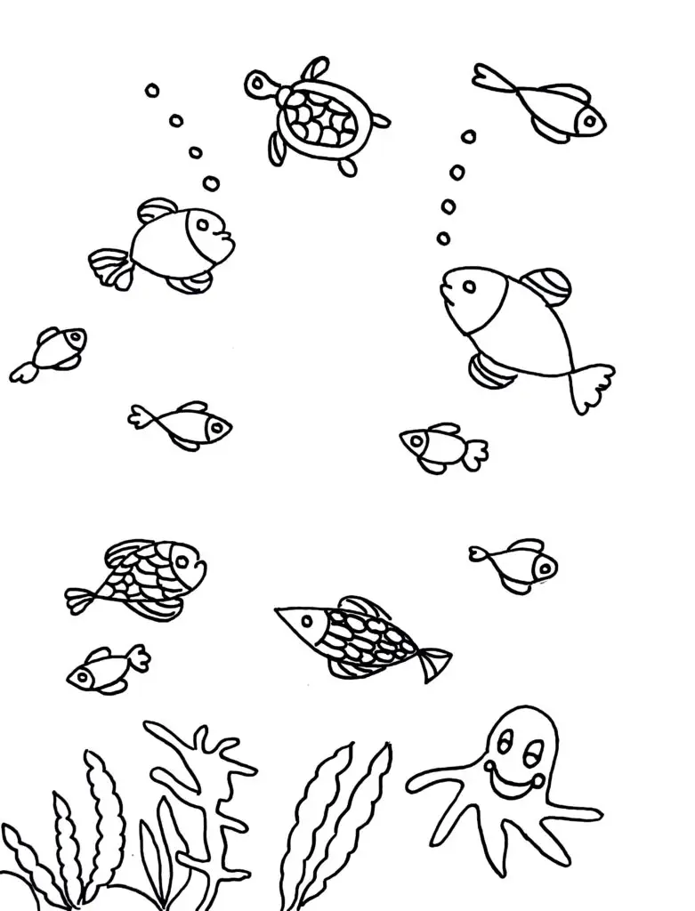 On this page of sea animal coloring pages, there are fish, a turtle and an octopus.