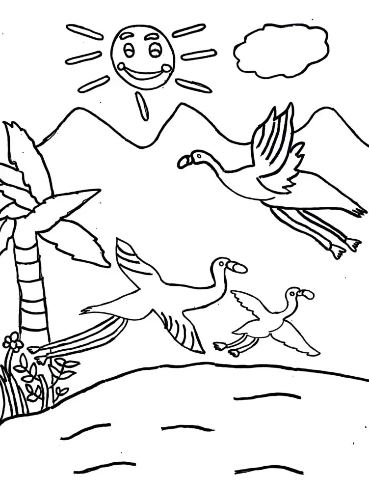 On this page of birds coloring pages, there are flying flamingo birds.