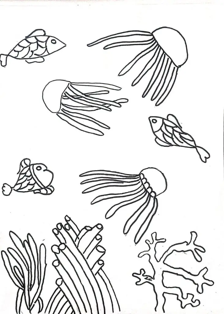 On this page of nature coloring pages, there are .jellyfish in deep sea waters.