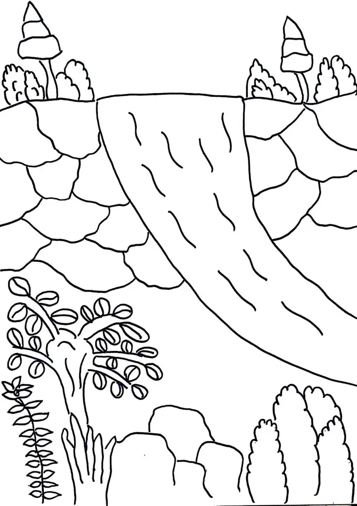 On this page of nature coloring pages, there is a waterfall.