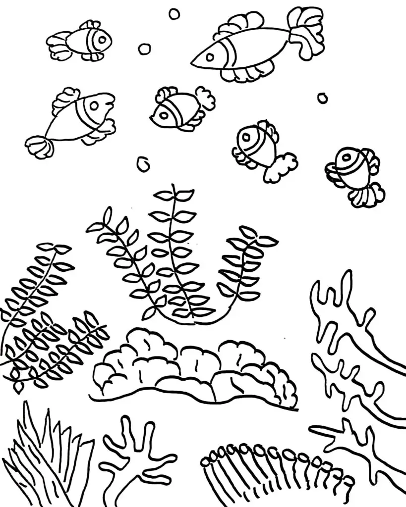 On this page of nature coloring pages, there are fish and aquatic plants.