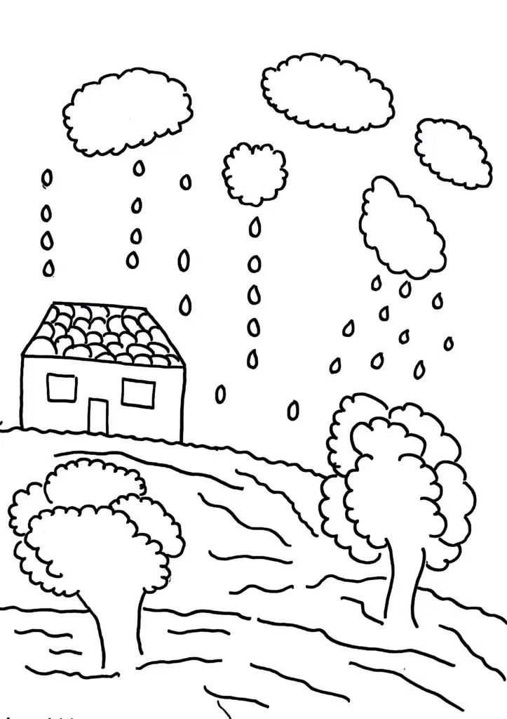 On this page of nature coloring pages, there is heavy rain.