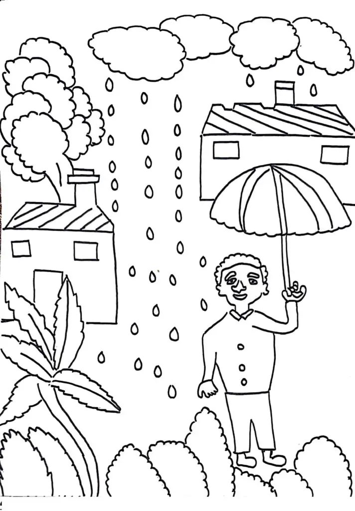 On this page of nature coloring pages, there is a man standing in the rain.