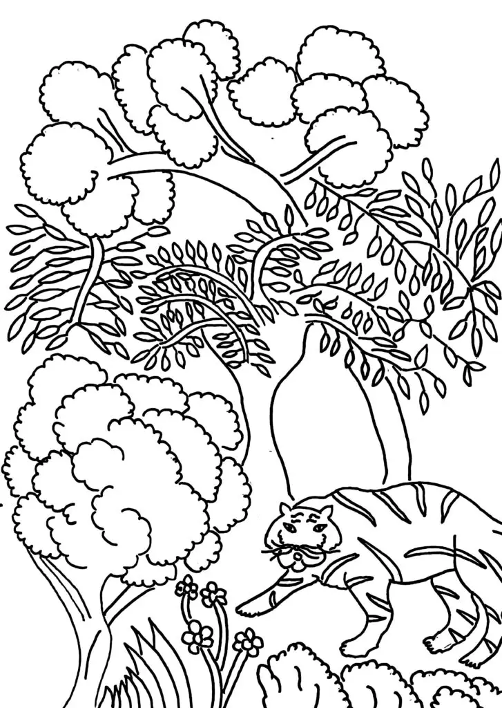 On this page of nature coloring pages, a tiger walking in the forest