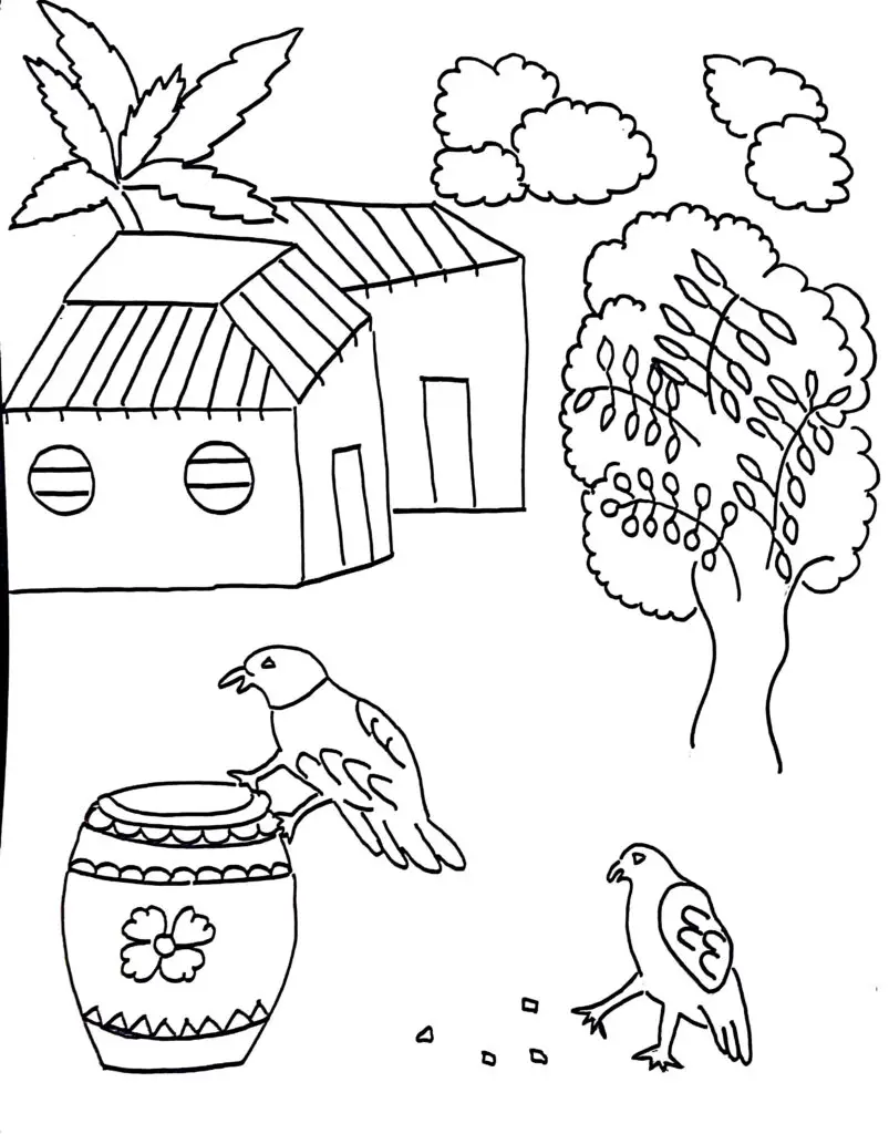 On this page of free printable coloring pages, there is a drawing of Aesop's fable The Thirsty Crow.