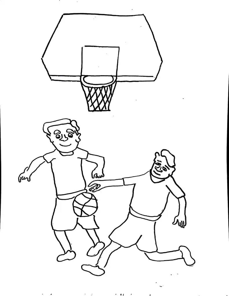 On this page of holiday coloring pages, there are players playing basketball.