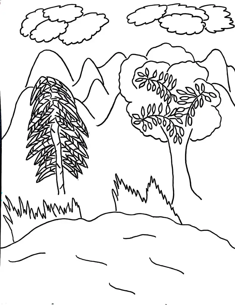 On this page of holiday coloring pages, there is a mountain.