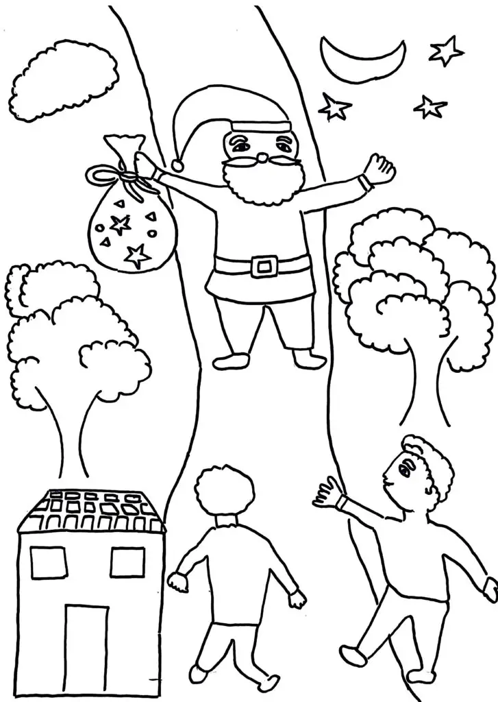"On this page of holiday coloring pages, there is Santa Claus along with a gift bag."