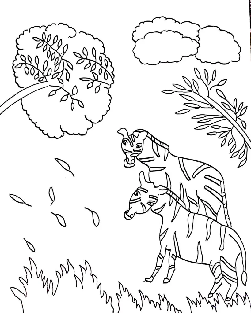 On this page of free printable coloring pages, there are two zebras in a grassland.